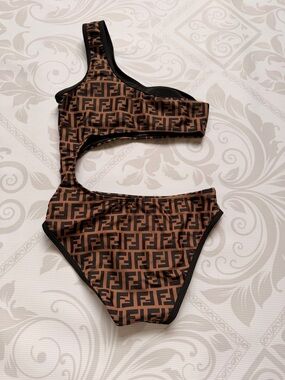 Fendi Brown Monogram Cutout One-Shoulder Swimsuit with Black Trim